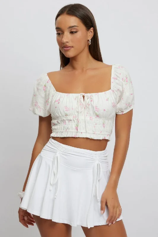 White Ditsy Crop Top Short Sleeve Ruched Bust Satin Fabric Silk Fabric Chiffon Fabric