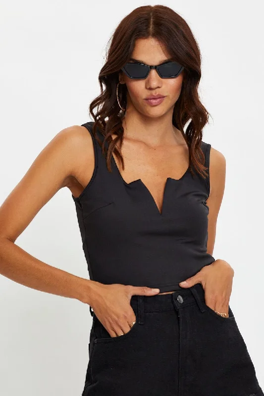 Black Deep V Crop Top Satin Blend Silk Blend Wool Blend