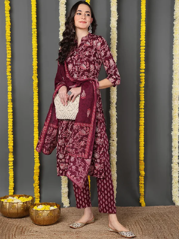 Maroon Cotton Blend Floral Printed Straight Kurta Trouser With Dupatta Trousers Wedding White