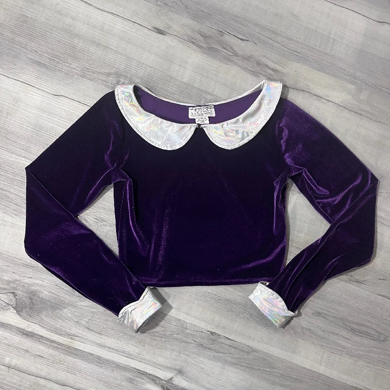 SALE - SMALL - Purple Velvet Collared Long Sleeve Crop Top Thin Crop Top Open Front Quick Dry