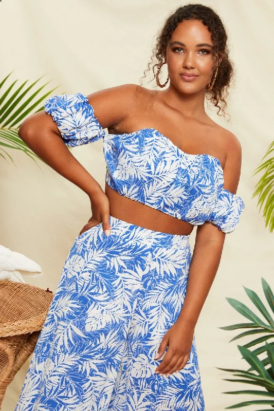 Mono Print Ruched Palm Tree Print Bardot Crop Top Fleece Fabric Down Fabric Feather Fabric