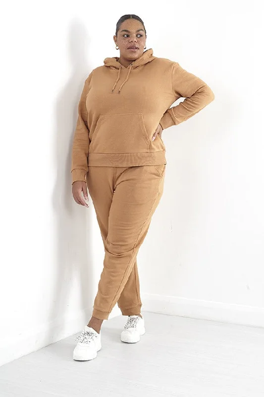 PLUS SIZE PLAIN CAMEL DRAWSTRING HOODIE Hoodie with High-Low Hem Asymmetrical Trendy