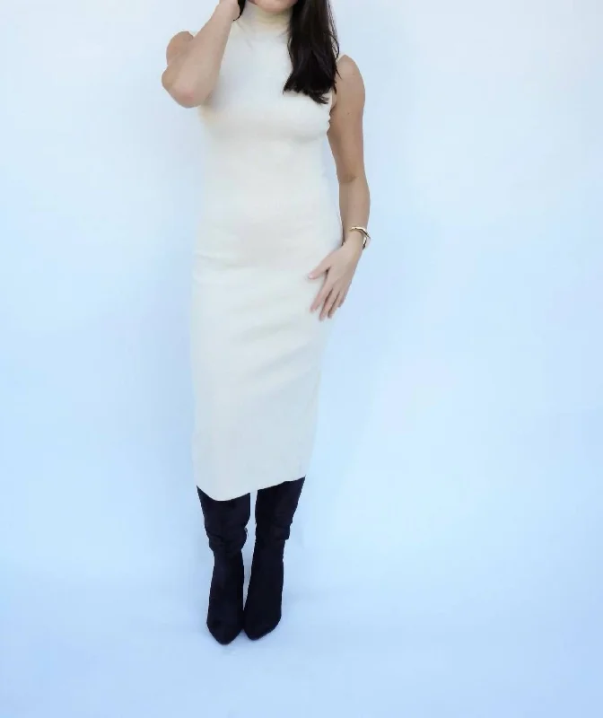 Cruz Mock Neck Sweater Midi Dress In Beige Collared Crew Neck Turtle Neck
