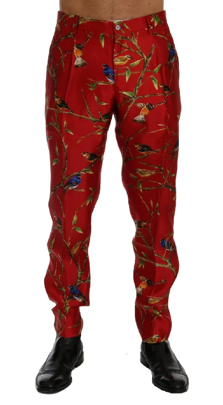 Elegant Silk Dress Trousers In Red Bird Print Trousers Vintage Classic