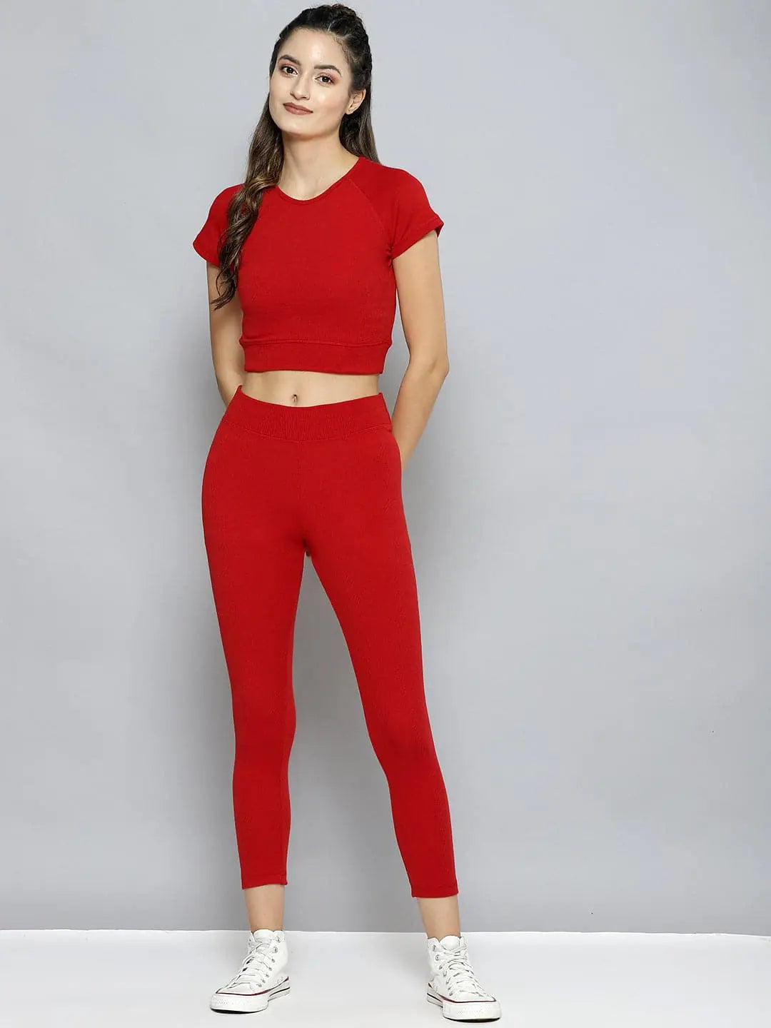 Women Red Rib ACTIVE Crop Top With Tights Polka Dot Checkered Tartan
