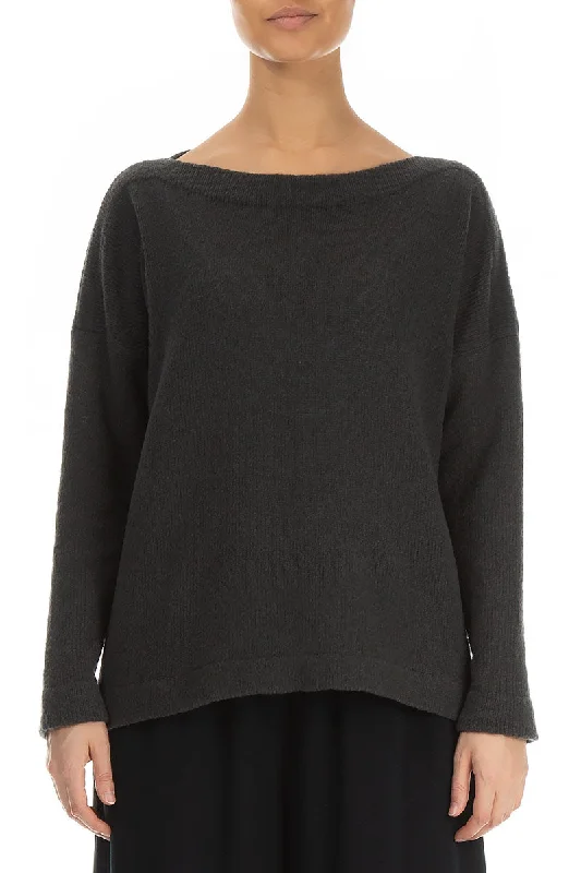 Boat Neck Dark Grey Wool Sweater Fitted Loose Oversized