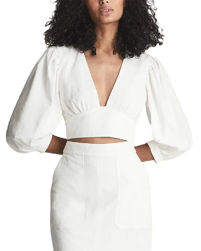Reiss Ava Bow Back Linen-Blend Crop Top Mesh Fabric Canvas Fabric Denim Fabric