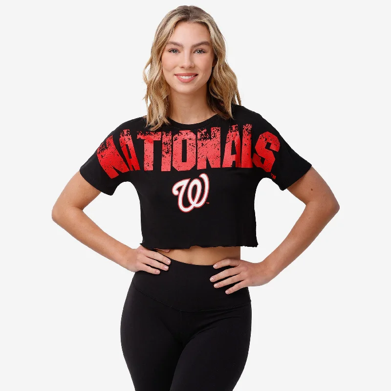 Washington Nationals Womens Petite Distressed Wordmark Crop Top Graphic Embroidered Appliqued