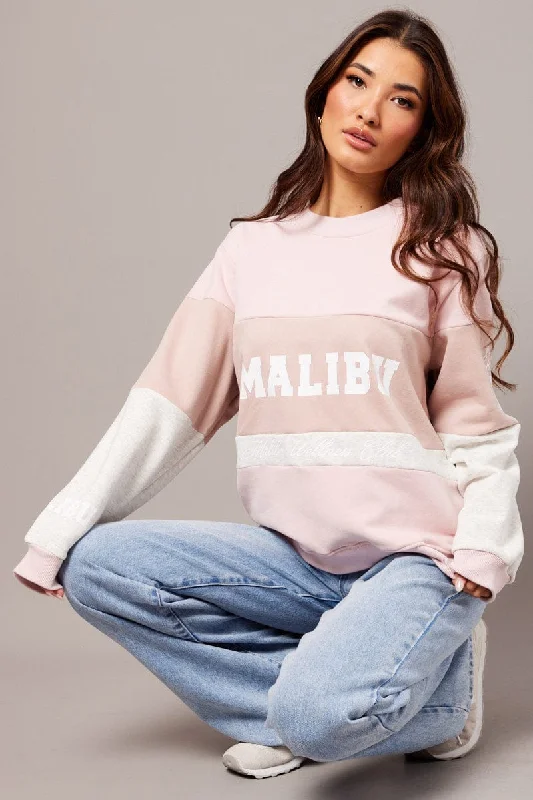 Pink Graphic Sweater Long Sleeve Modern Contemporary Chic