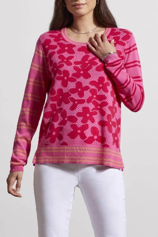 Crew Neck Pointelle Sweater In Pink Plaid Sweater Polka Dot Checkered