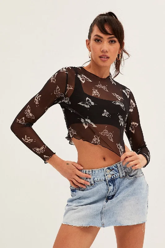 Black Mesh Long Sleeve Crop Top Spandex Blend Rayon Blend Denim Blend