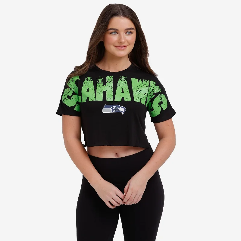 Seattle Seahawks Womens Distressed Wordmark Crop Top Faux Fur Fabric Real Fur Fabric Shearling Fabric