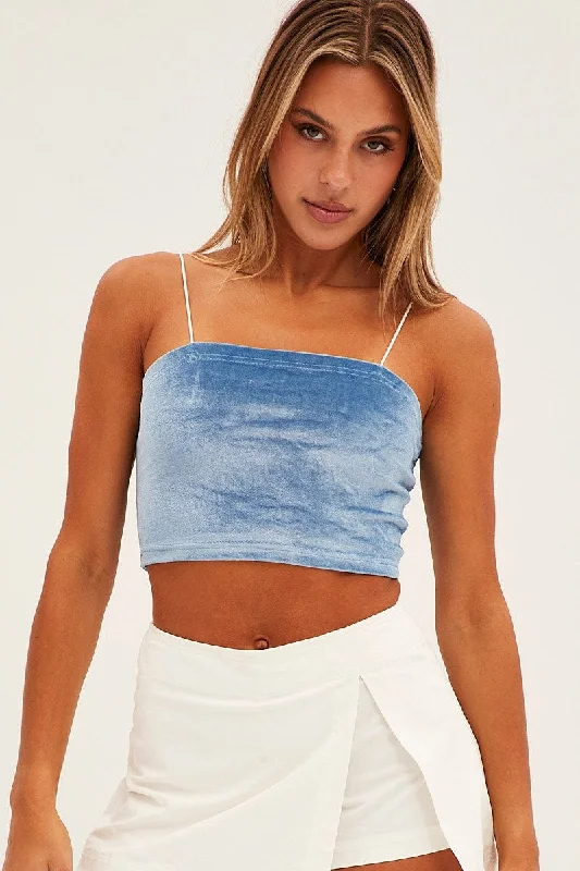 Blue Velour Singlet Lounge Crop Top Boxy Fit Fitted Loose