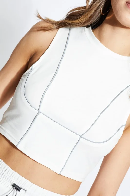 White Reflective Piping Crop Top Houndstooth Herringbone Solid