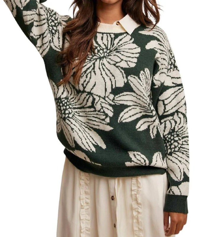 Adele Floral Sweater In Hunter Green Satin Fabric Silk Fabric Chiffon Fabric