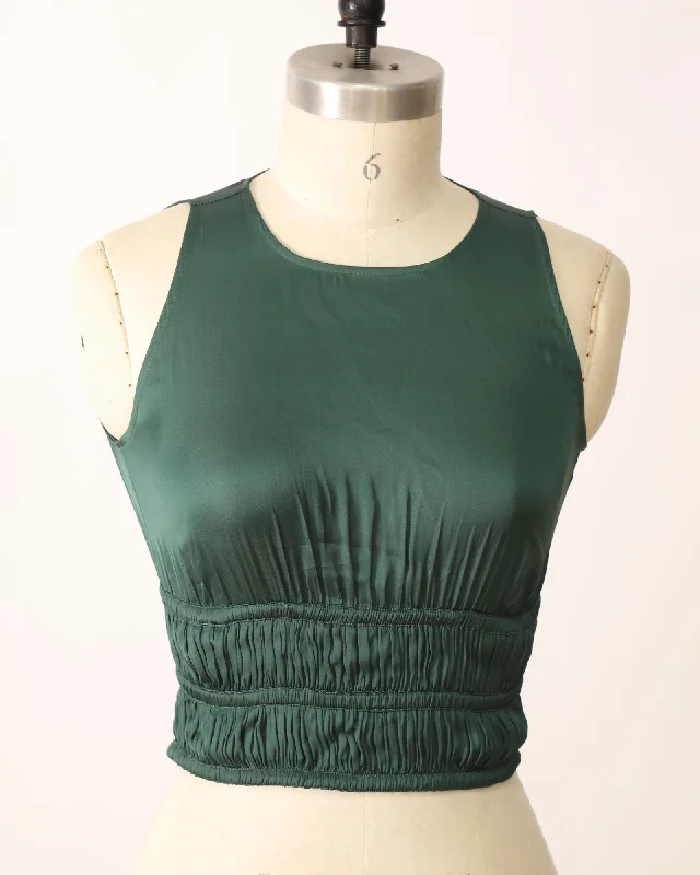 Satin Cinched Detailing Crop Top - Dark Green Summer Crop Top Casual Short Sleeve