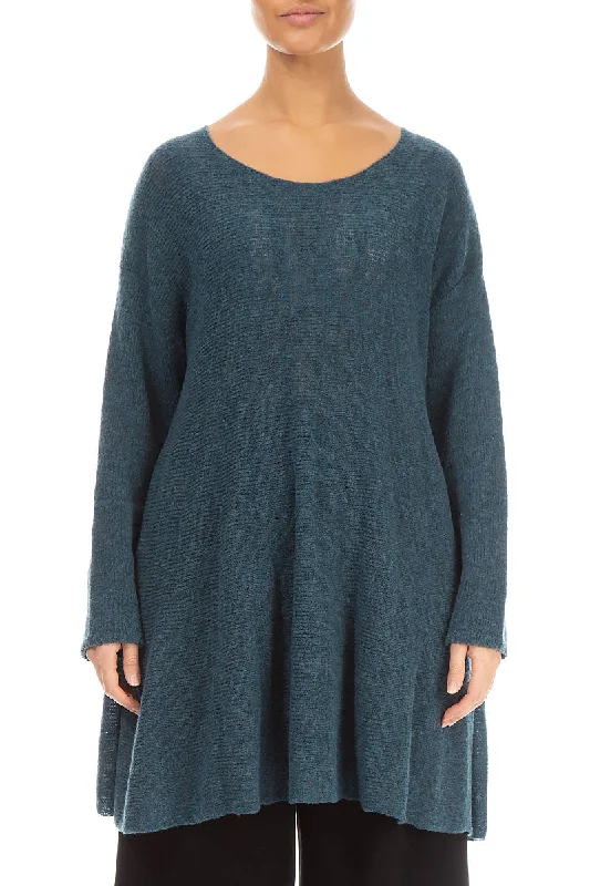 Flowy Teal Wool Sweater Toggled Drawstring Belted