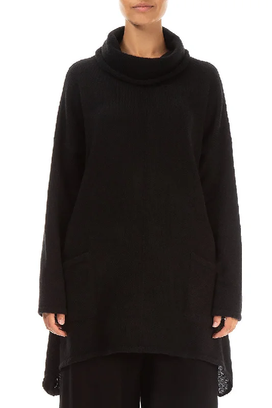 Longer Back Turtleneck Black Wool Sweater Elasticated Padded Insulated