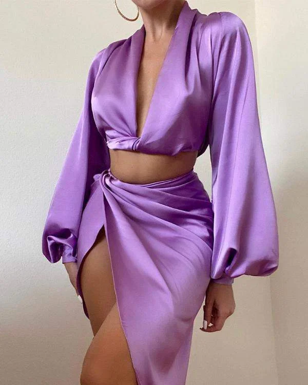 Solid Color Satin Crop Top Twist Skirt Set Sequined Glittery Shiny