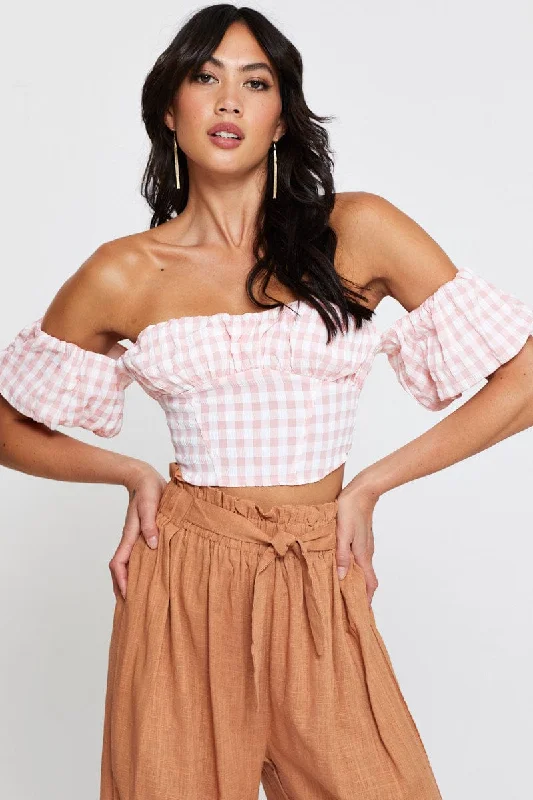 Check Crop Top Off Shoulder Short Sleeve Terry Blend Velvet Blend Canvas Blend