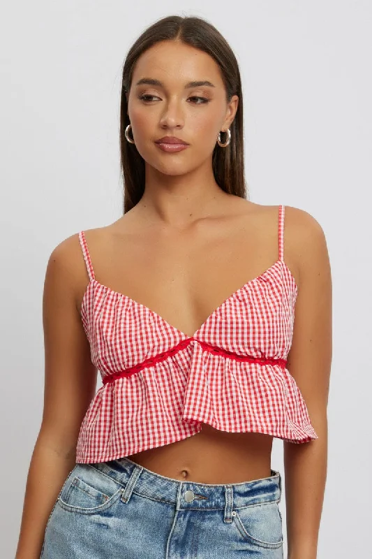 Red Check Cami Crop Top Houndstooth Herringbone Solid