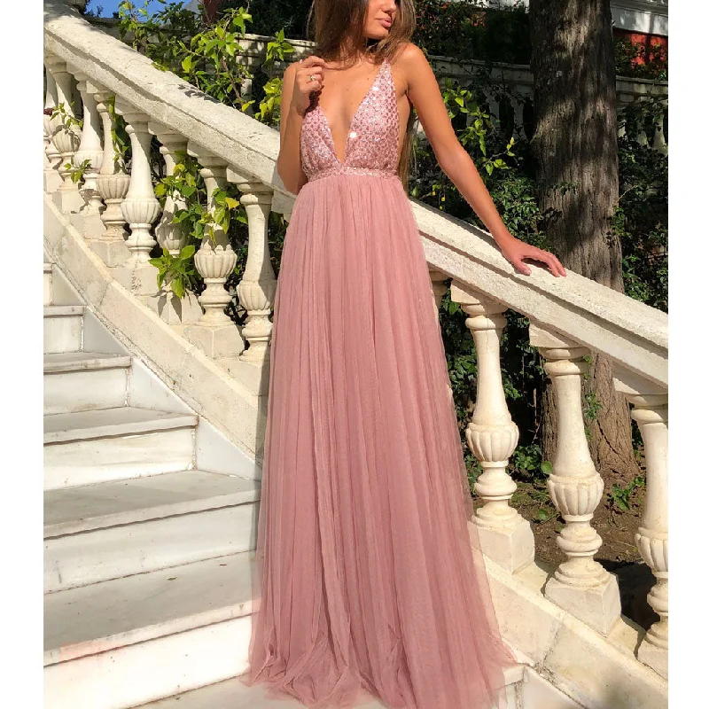 Sapghetti Straps Deep V-Neck A-Line Tulle Backless Sequin Prom Dresses,FC2308 Tunics Leisure comfortable Sapghetti Straps Deep V-Neck A-Line Tulle Backless Sequin Prom Dresses,FC2308 Tunics Leisure comfortable