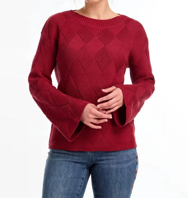Long Sleeve Boat Neck Sweater In Red Pattern Jersey Fabric Tulle Fabric Batik Fabric