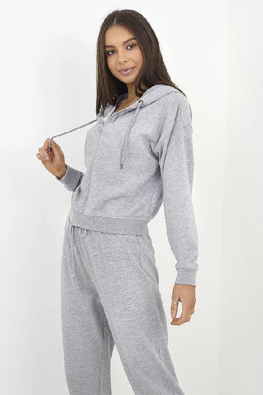 GREY MARL CROPPED ZIP THROUGH HOODED SWEATSHIRT Hoodie with Hem Lace Feminine Delicate