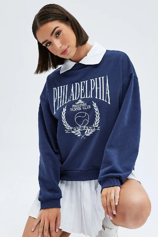Blue Embroidered Sweater With Collar Varsity Sweat Denim Fabric Leather Fabric Suede Fabric