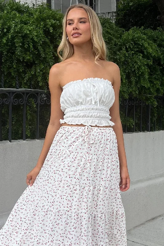 White Gathered Crop Top Strapless Jersey Fabric Tulle Fabric Batik Fabric