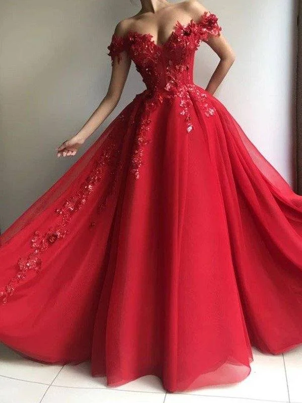A-Line/Princess Tulle Off-the-Shoulder Sleeveless Applique Floor-Length Dresses Tunics Running lightweight
