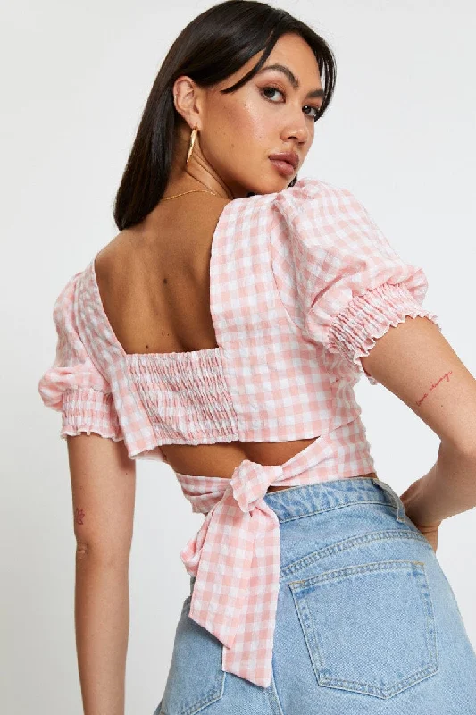 Check Crop Top Short Sleeve Square Neck Satin Blend Silk Blend Wool Blend