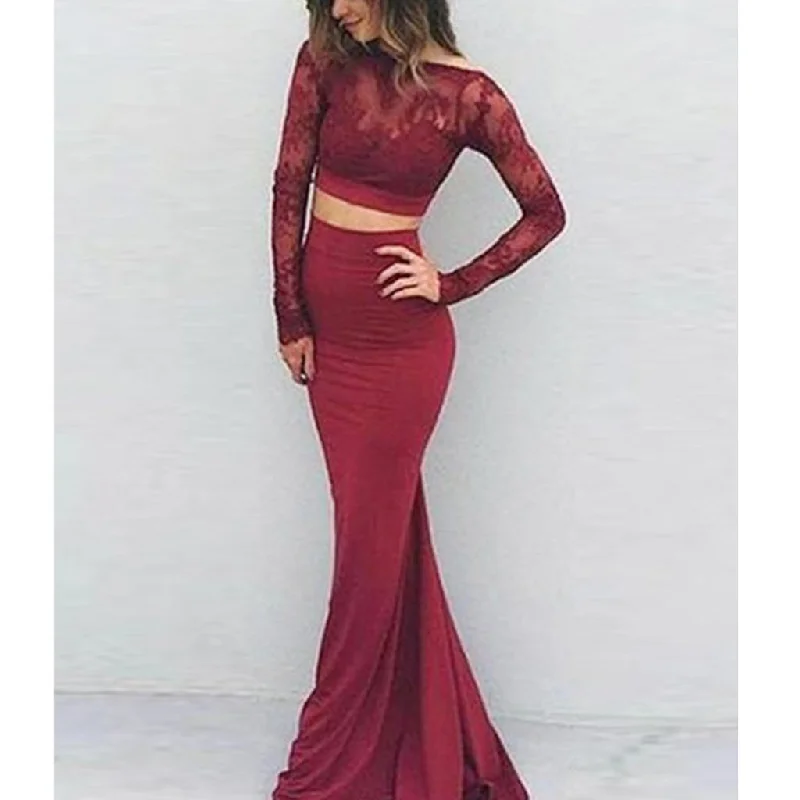 Two Pieces Lace Mermaid Long Sleeve Open-Back Sxey Jersey Prom Dresses, FC721 Boatneck Modish Everyday Two Pieces Lace Mermaid Long Sleeve Open-Back Sxey Jersey Prom Dresses, FC721 Boatneck Modish Everyday