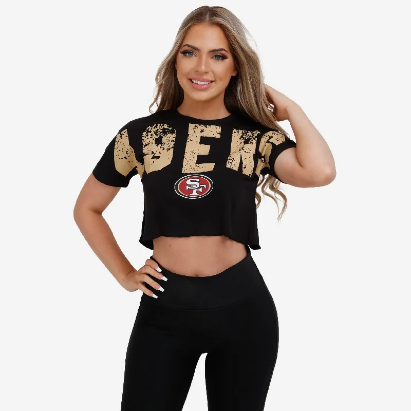 San Francisco 49ers Womens Distressed Wordmark Crop Top Summer Crop Top Casual Short Sleeve