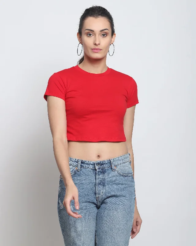 Crop Top: Solid Red Mesh Fabric Canvas Fabric Denim Fabric