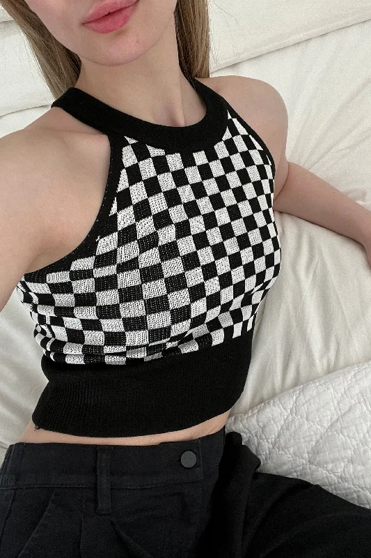 CHECKERED HALTER TANK glitter tank top