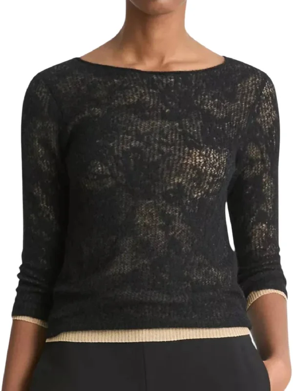 Lace Stitch Layered Sweater In Black/gold Cliff Fleece Fabric Down Fabric Feather Fabric