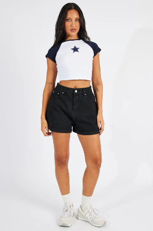 Blue Crop Top Short Sleeve Raglan Houndstooth Herringbone Solid