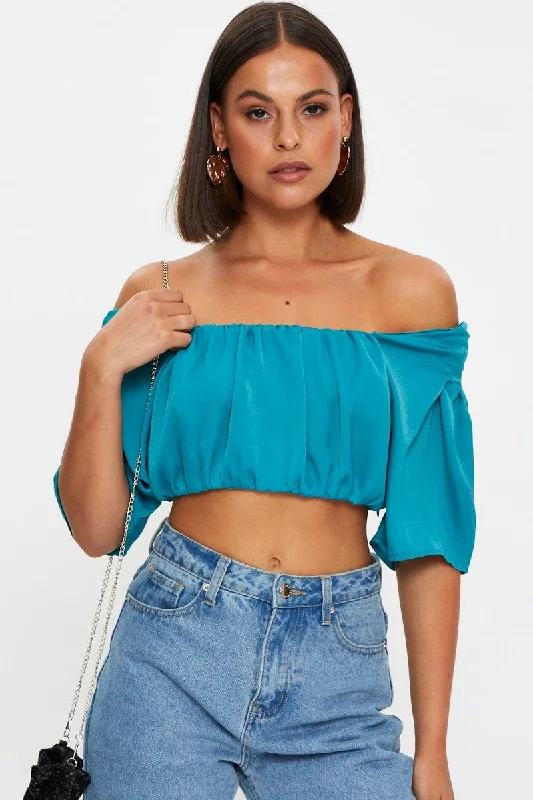 Blue Crop Top Short Sleeve Satin Solid Color Striped Floral