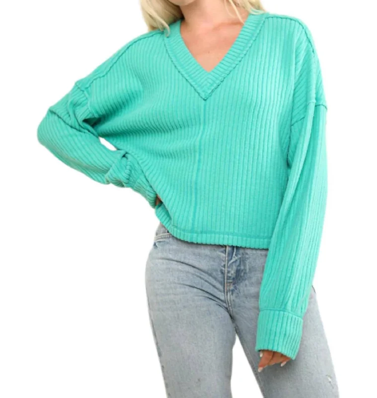 Vneck Raw Hem Cozy Sweater In Green Velvet Chenille Corduroy