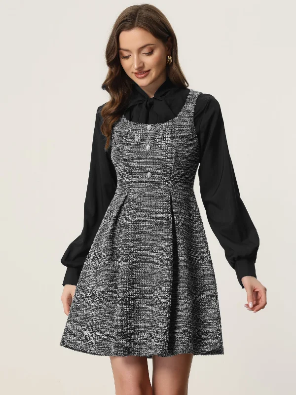 Tweed Sleeveless Square Neck Plaid Fit and Flare Dress Tunics Luxurious high-end