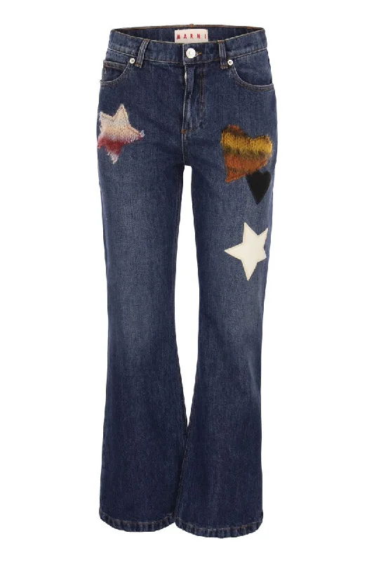 Denim flare trousers with knitted appliqués Trousers stylish elegant