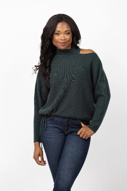 The Sei Open Shoulder Sweater in Hunter Turtle Neck Boat Neck Asymmetrical Neck