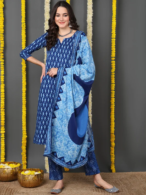 Blue Cotton Blend Ethnic Motifs Printed Straight Kurta Trouser With Dupatta Trousers Party Sparkling