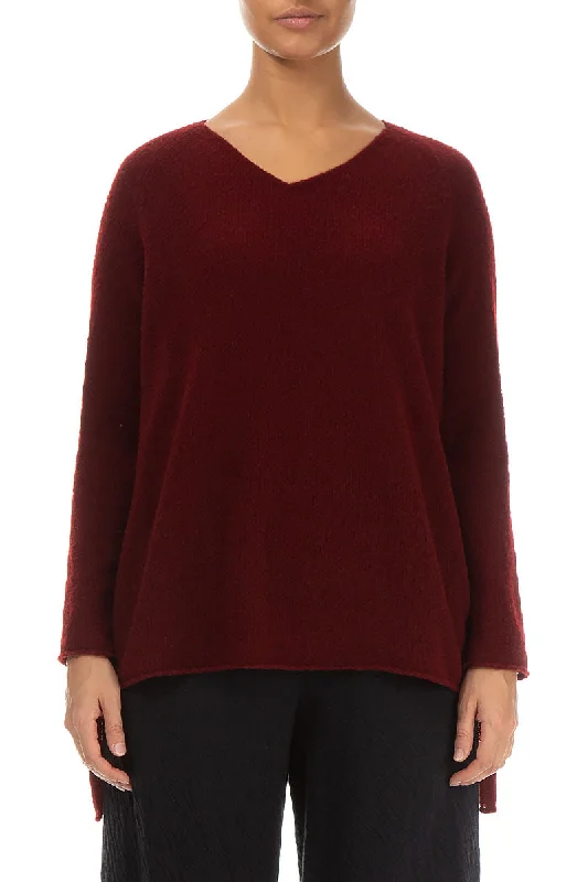 V-Neck Maroon Wool Sweater Glossy Satin Silk