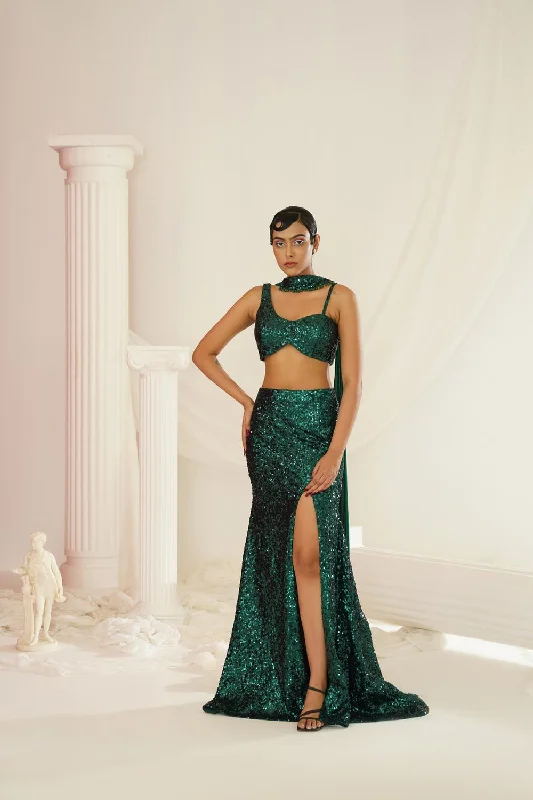 Bottle Green Embellished Choli, Skirt And Chokar Dupatta wrap skirt elegant