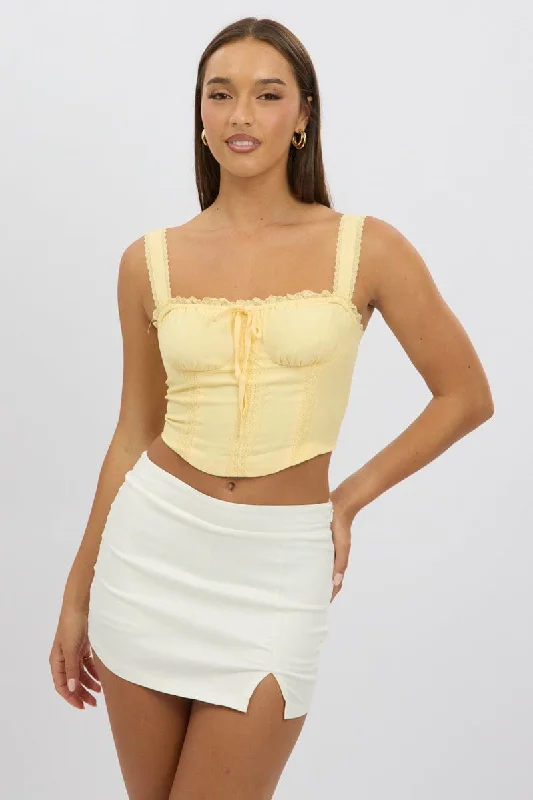 Yellow Corset Crop Top Sleeveless Ruched Bust Lace Trim Ribbed Striped Patterned