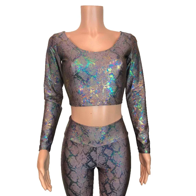 SALE - Long Sleeve Crop Top - Mauve Snakeskin Holographic Notch Collar Peter Pan Collar Cowl Neck