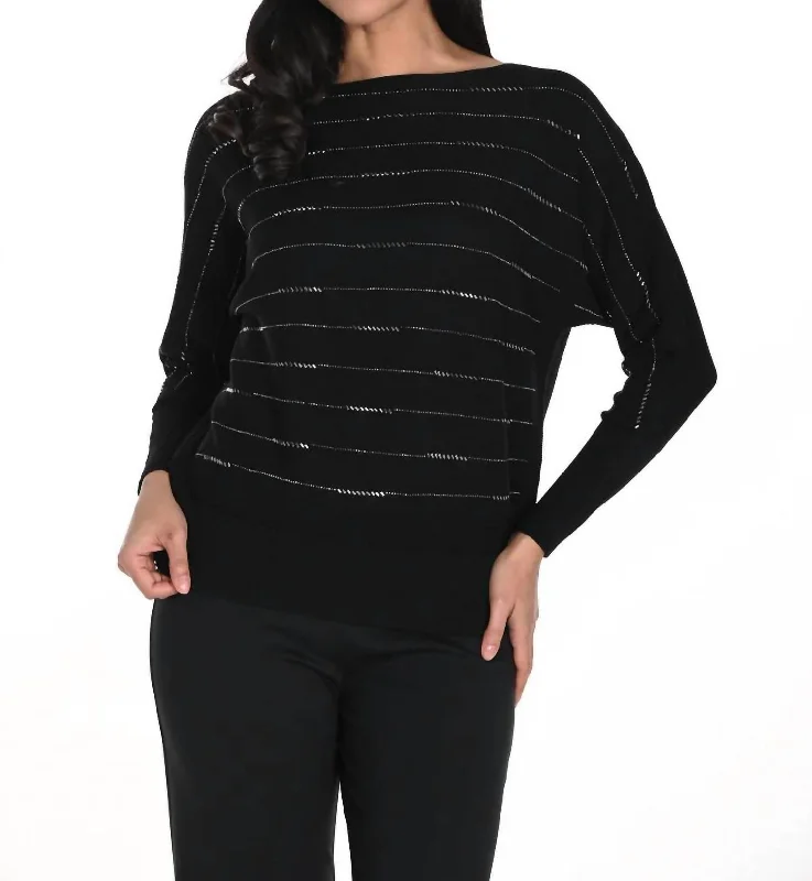 Boat Neck Striped Knit Sweater In Black/Grey Chenille Brocade Lace