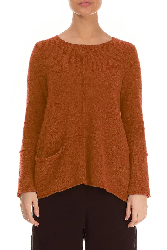 Single Pocket Burnt Orange Wool Sweater Embroidered Appliqued Beaded